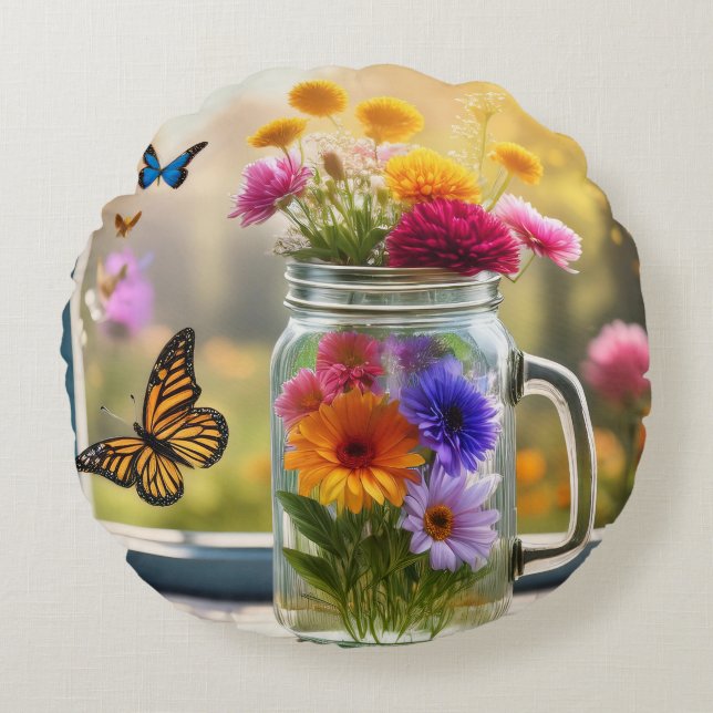 Cojín Redondo Frasco de Mason y flores silvestres (Anverso)