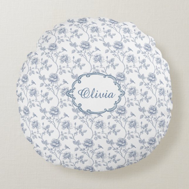 Cojín Redondo French Blue Toile Chinoiserie Floral Girls Name (Anverso)