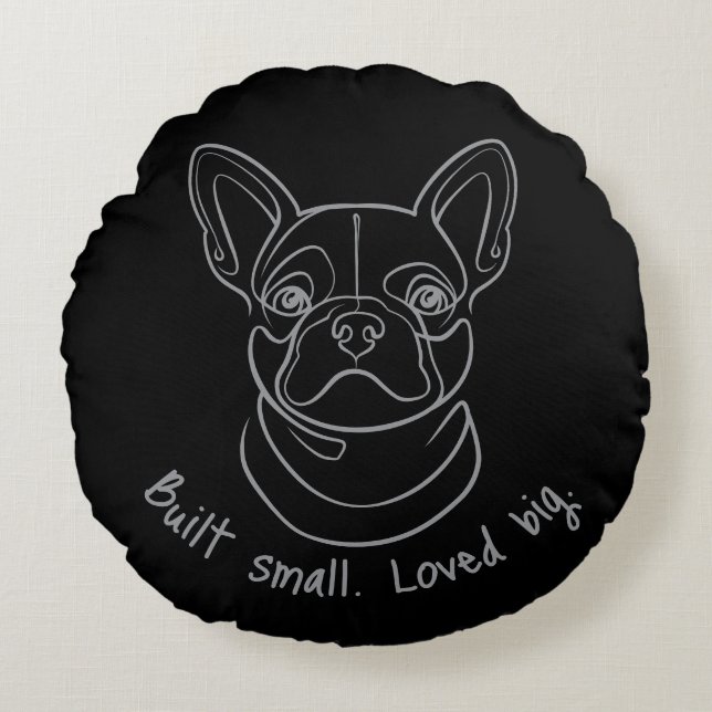 Cojín Redondo French Bulldog Line Art. Built Small. Loved Big. (Anverso)