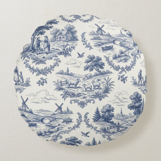 Cojín Redondo French Country - Blue & Cream Toile Countryside (Anverso)