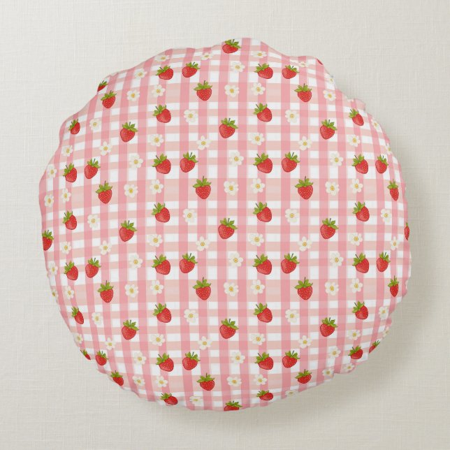 Cojín Redondo Fresa y flores en un gingham rosa (Reverso)