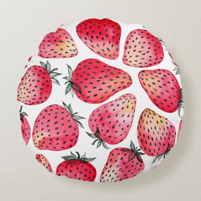 Cojín Redondo Fresas acuarela y tinta (Anverso)