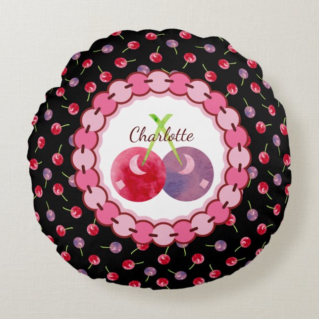 Cojín Redondo Fresas acuáticas dispersas personalizadas (Anverso)