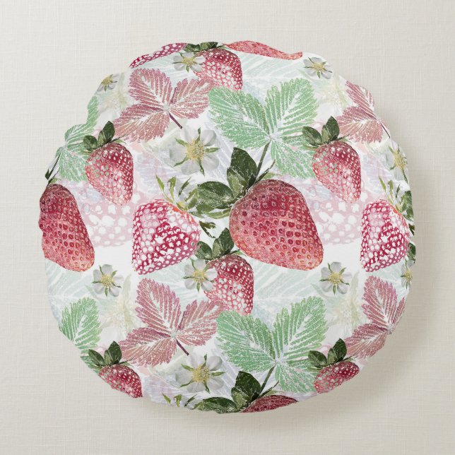 Cojín Redondo Fresas, bayas, rojas, frescas, maduras, dulces, (Anverso)