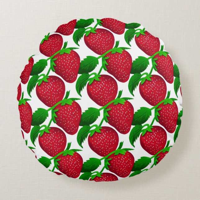 Cojín Redondo Fresas en el patrón de fondo blanco (Anverso)