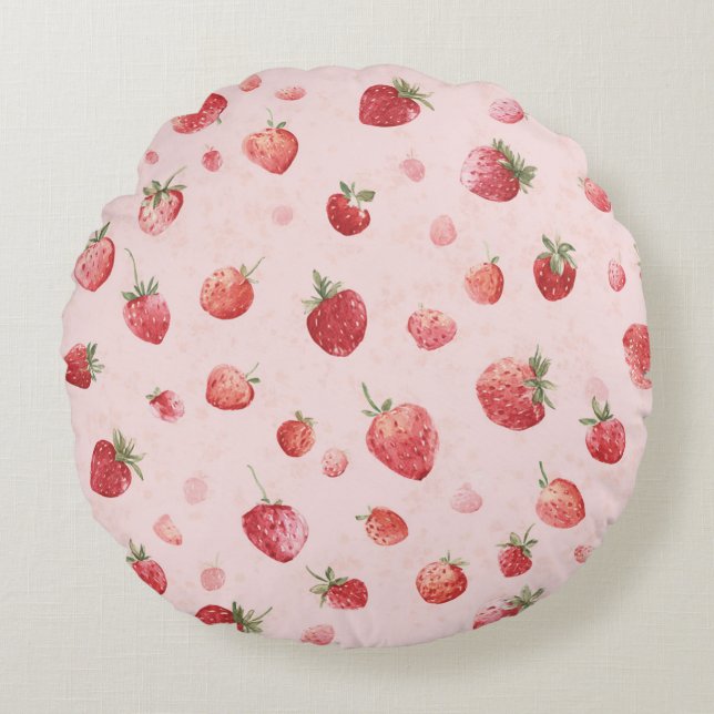 Cojín Redondo Fresas Frutas Rojas Rosadas (Anverso)