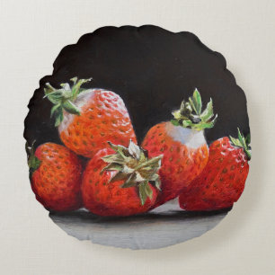 Cojín Redondo Fresas Realistas Pintura al Óleo de Naturaleza Mue