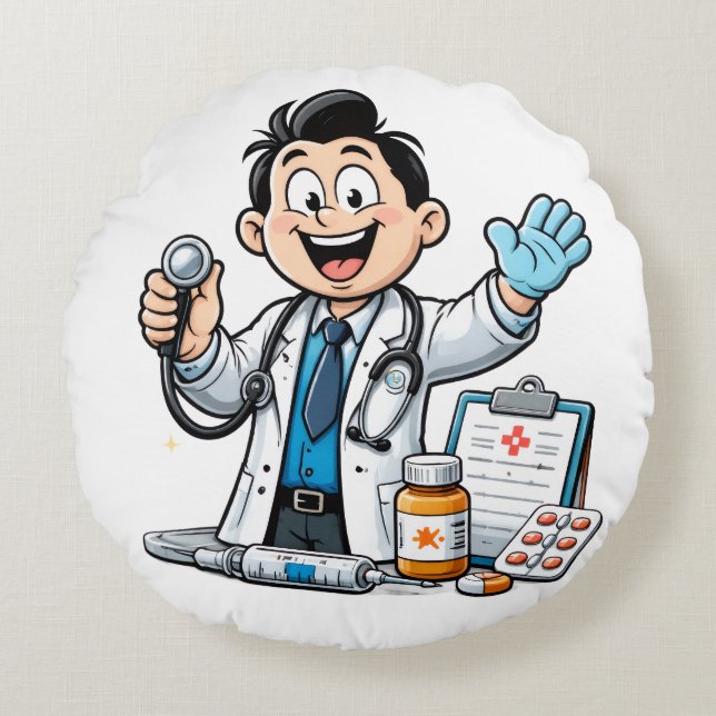 Cojín Redondo Friendly Doctor Mascot Medical Cartoon Design (Anverso)