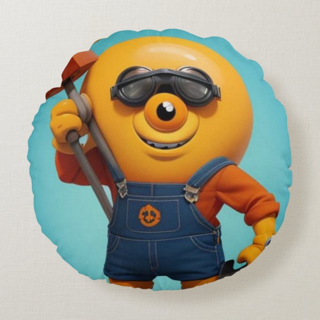 Cojín Redondo Fröhlicher Baumeister – Gelber Held mit Hammer   (Anverso)