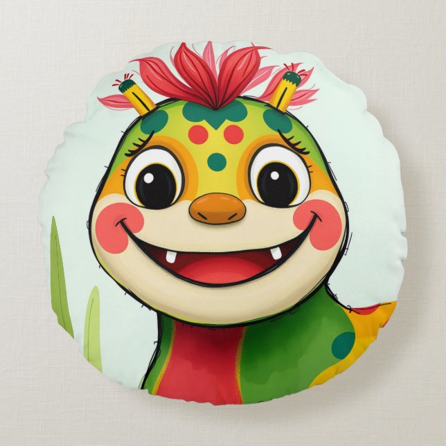 Cojín Redondo „Fröhlicher Dschungeldrache – Bunt und Glücklich“ (Anverso)