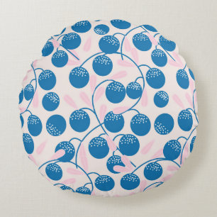 Cojín Redondo Frutas azules, hojas rosas, diseño sin fisuras.