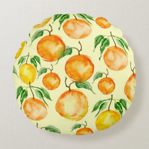 Cojín Redondo Frutas cítricas acuarelas, patrón tropical.