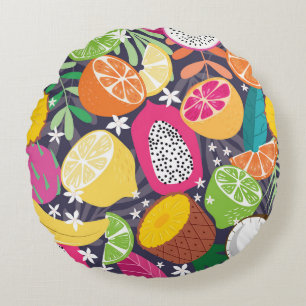 Cojín Redondo Frutas tropicales exóticas Fondo oscuro