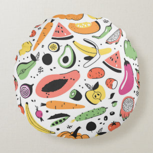 Cojín Redondo Frutas, verduras dibujadas a mano.