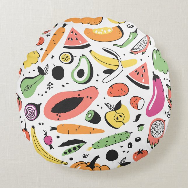 Cojín Redondo Frutas, verduras dibujadas a mano. (Anverso)