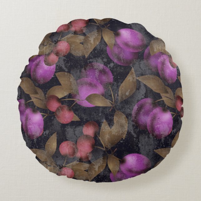 Cojín Redondo Frutos de ciruela oscura sin foco bayas moradas ce (Anverso)