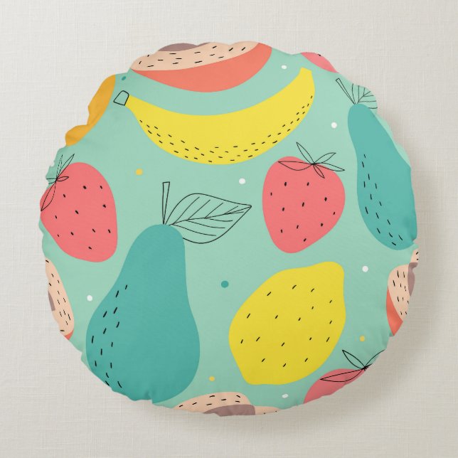 Cojín Redondo Frutos dibujados a mano, decoración sin costuras. (Anverso)
