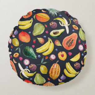 Cojín Redondo Frutos Tropicales: Patrón multifruta acuarela.