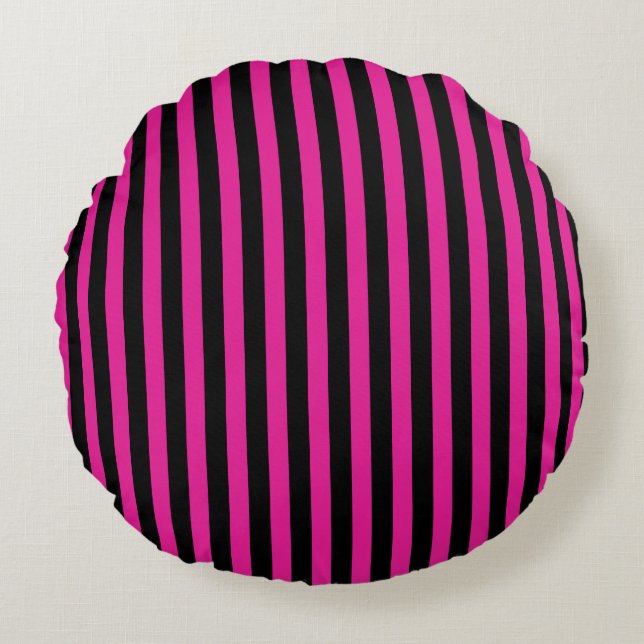 Cojín Redondo Fuchsia y rayas de caramelo negro (Anverso)