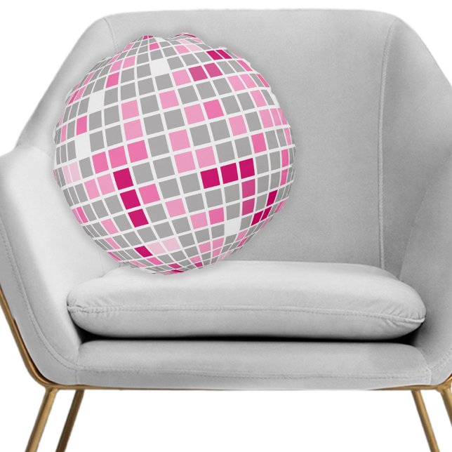 Cojín Redondo Fun Pink y Red Disco Ball (Disco ball pillow in pink and red adds a fun party atmosphere to any room.)