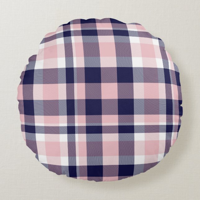 Cojín Redondo Funda rosa y marina, a cuadros, tartán sin soldadu (Anverso)