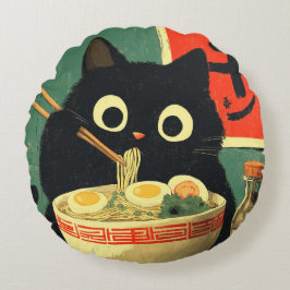 Cojín Redondo Funny Black Cat Eating Ramen