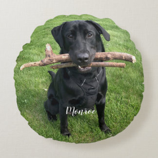 Cojín Redondo Funny Black Lab Mascota Nombre personalizado y fot