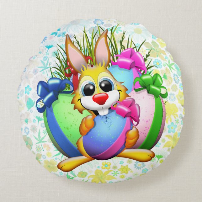 Cojín Redondo Funny Bunny biting an Easter Egg (Anverso)