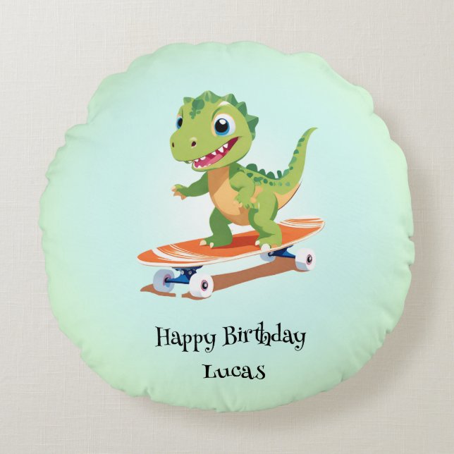 Cojín Redondo Funny dinosaur Skateboard Niños de fiesta de cumpl (Anverso)