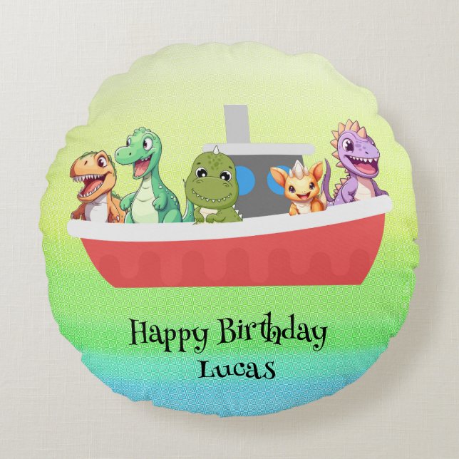 Cojín Redondo Funny dinosaur Yacht Birthday party DIY Name (Anverso)