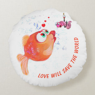Cojín Redondo Funny Fish and Worm Love Personalizado Round Pillo