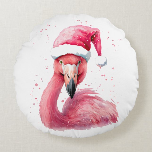 Cojín Redondo Funny flamingo santa hat Merry Navidades tropicale (Anverso)