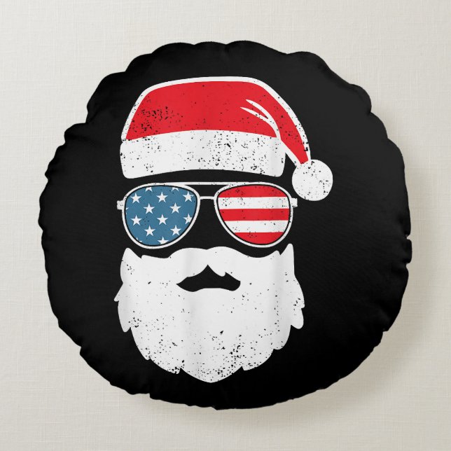 Cojín Redondo Funny Santa Claus Face Gafas de sol Patriótico Ame (Anverso)