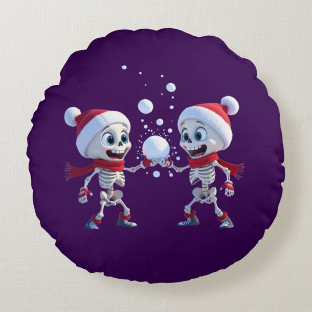 Cojín Redondo Funny Santa Skeletons Having a Snowball Fight  (Anverso)