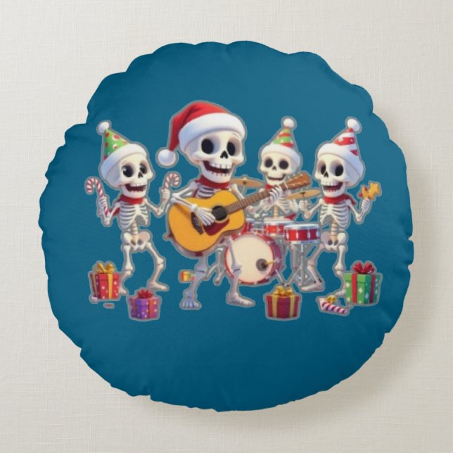 Cojín Redondo Funny Skeleton Band Christmas & New Year – 3D Cart (Anverso)