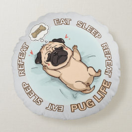 Cojín Redondo Funny Sleeping Pug Round Pillow | Eat Sleep Repeat