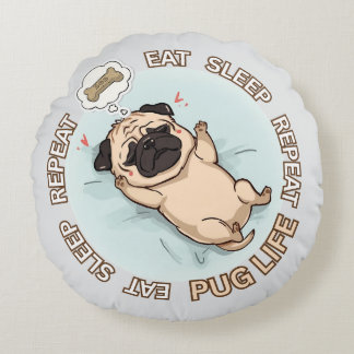 Cojín Redondo Funny Sleeping Pug Round Pillow | Eat Sleep Repeat