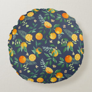 Cojín Redondo Fusión cítrica: Naranjas con flores tropicales