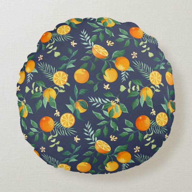Cojín Redondo Fusión cítrica: Naranjas con flores tropicales (Anverso)