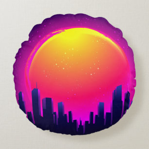 Cojín Redondo Futurismo Retro. ilustracion de onda sintética fut