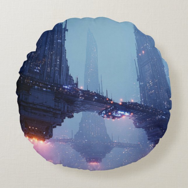Cojín Redondo Futuristic Cityscape with Hovering Structures (Anverso)