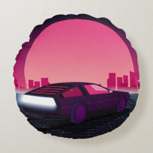 Cojín Redondo Futuro retro. Fondo de ciencia ficción estilo años