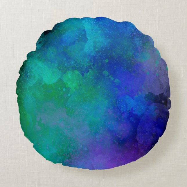 Cojín Redondo Galaxia Paint Splatter Efecto Verde Azul (Anverso)