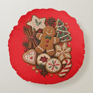 Cojín Redondo Galletas de jengibre de Navidad vintage y festivo 