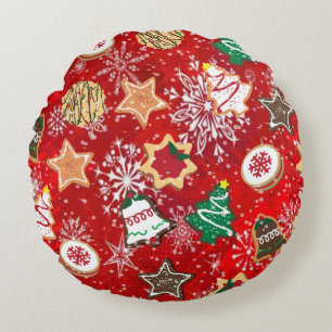 Cojín Redondo Galletas de Navidad y Copos de Nieve en Rojo