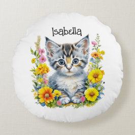 Cojín Redondo Gatito acuarela en flores personalizadas