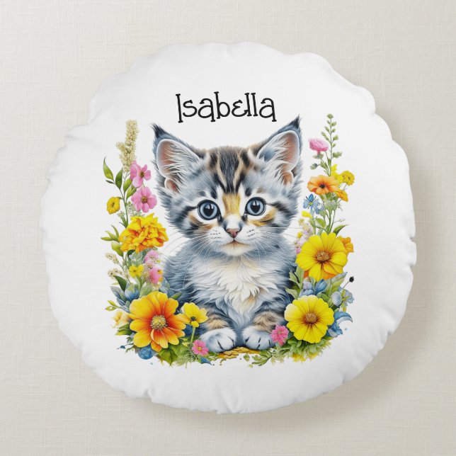 Cojín Redondo Gatito acuarela en flores personalizadas (Anverso)