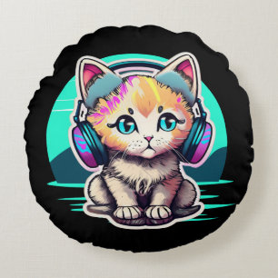 Cojín Redondo Gatito Adorable con Auriculares