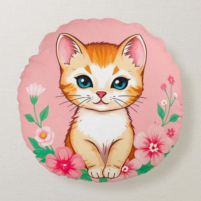 Cojín Redondo Gatito adorable con flores (Anverso)