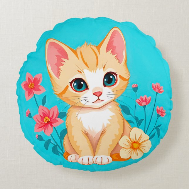 Cojín Redondo Gatito Adorable con Flores (Anverso)
